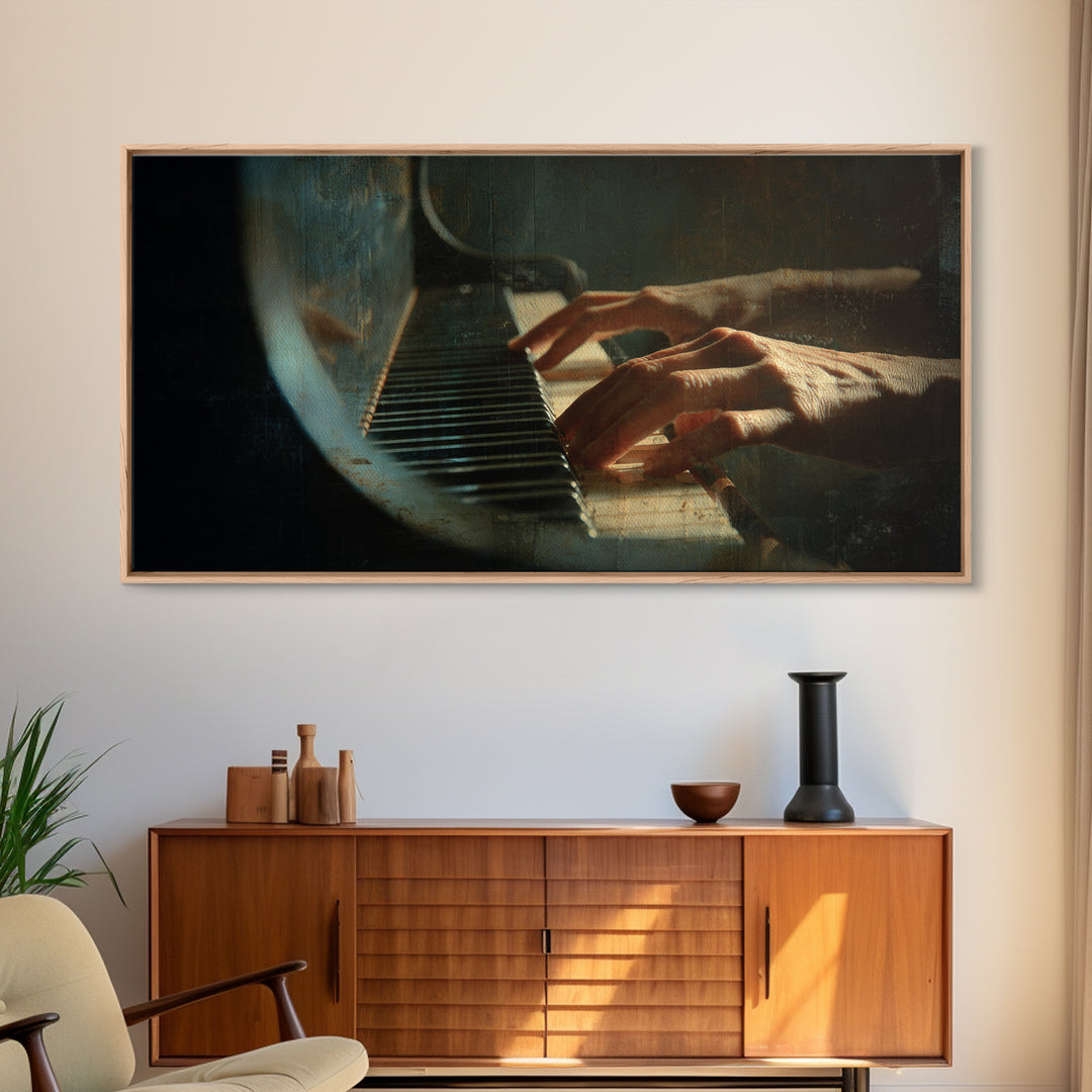 Piano Keys and Hands Framed Canvas Print, Black and White Art, Room Decor, Living Room Decor, Fine Art, Monochrome, Art Print, BAW-2x1-18