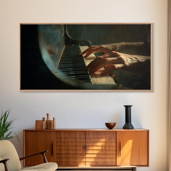 Piano Keys and Hands Framed Canvas Print, Black and White Art, Room Decor, Living Room Decor, Fine Art, Monochrome, Art Print, BAW-2x1-18