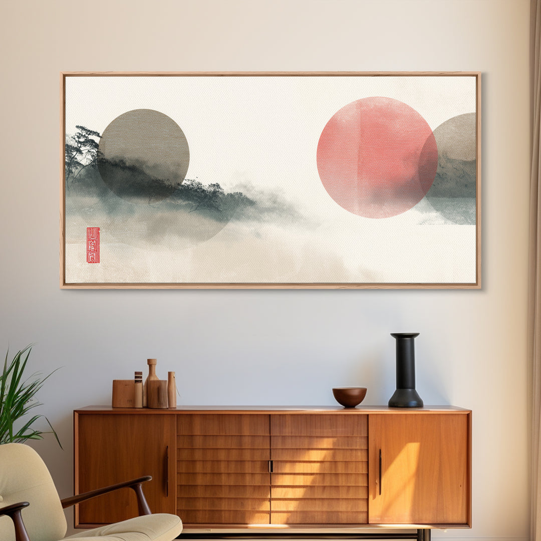 Large Circle and Line Abstract Framed Canvas Print, Black and White Art, Statement Artwork, Living Room Decor, Abstract Art, BAW-2x1-20
