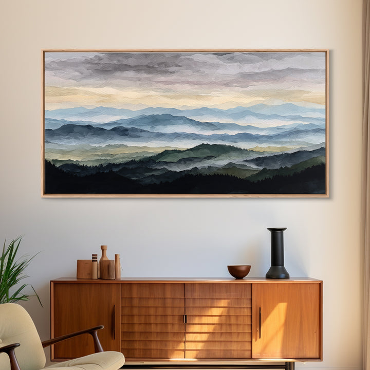 Black Ink Mountain Range Canvas Print, Black and White Art, Textured Painting, Living Room Decor, Watercolor Art, Monochrome, BAW-2x1-22