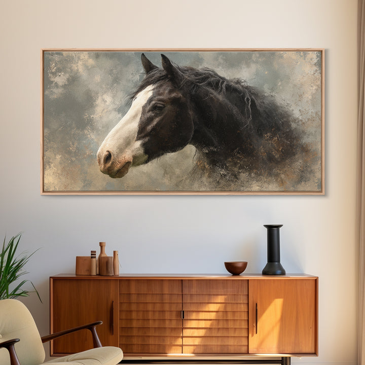 Black and White Wild Horse Portrait Framed Canvas Print, Black and White Art, Art Print, Living Room Decor, Monochrome, BAW-2x1-25