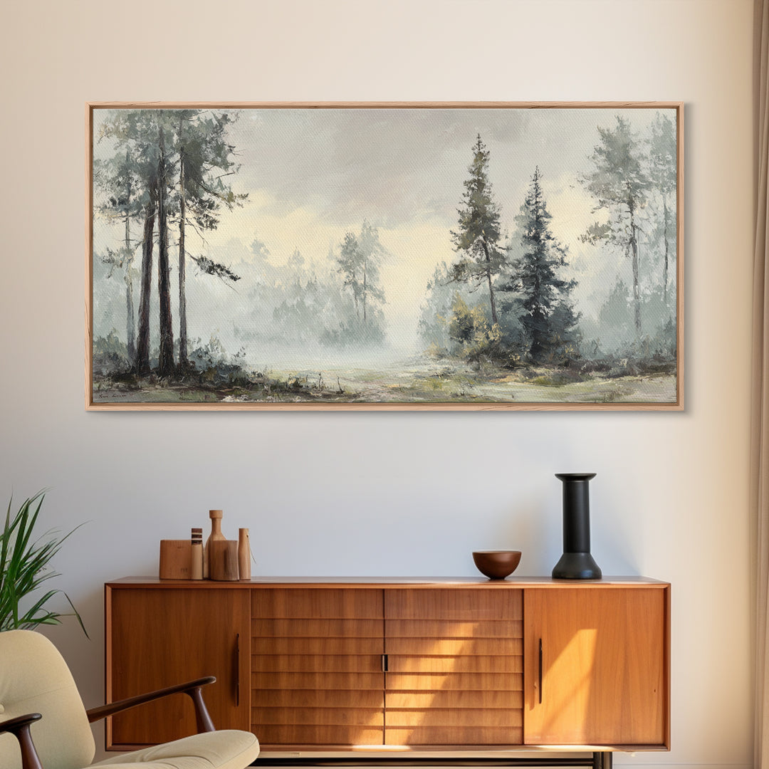 Moody Foggy Forest Framed Canvas Print, Black and White Art, Gothic Decor, Living Room Decor, Oil Painting, Monochrome, BAW-2x1-3