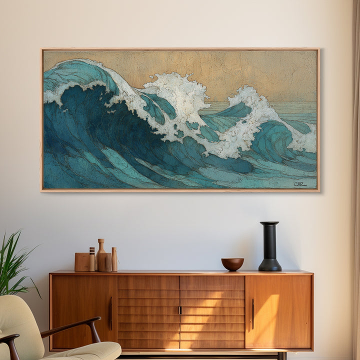 Stormy Ocean Wave Framed Canvas Print, Black and White Art, Minimalist Decor, Living Room Decor, Oil Painting, Monochrome, BAW-2x1-30