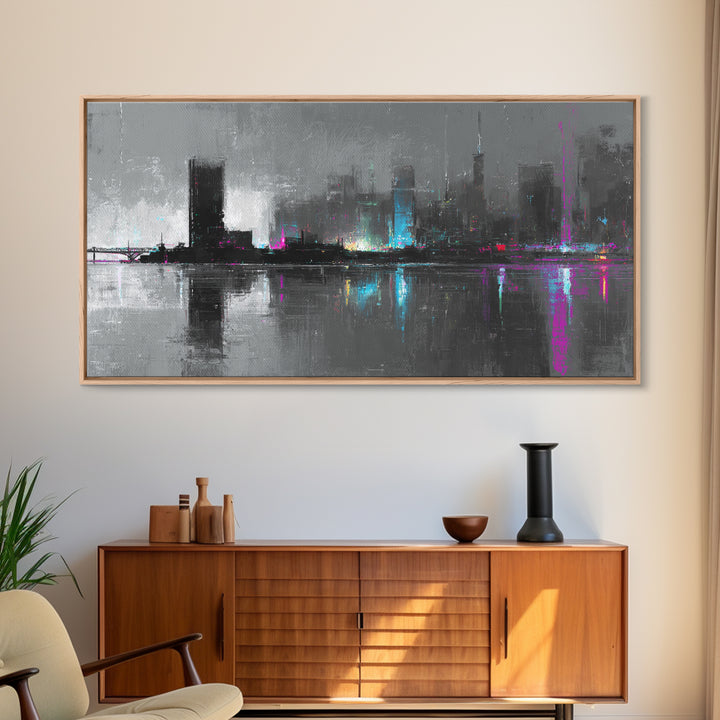 Monochrome City Skyline Reflected Canvas Print, Black and White Art, Living Room Decor, Abstract Art, Monochrome, BAW-2x1-31