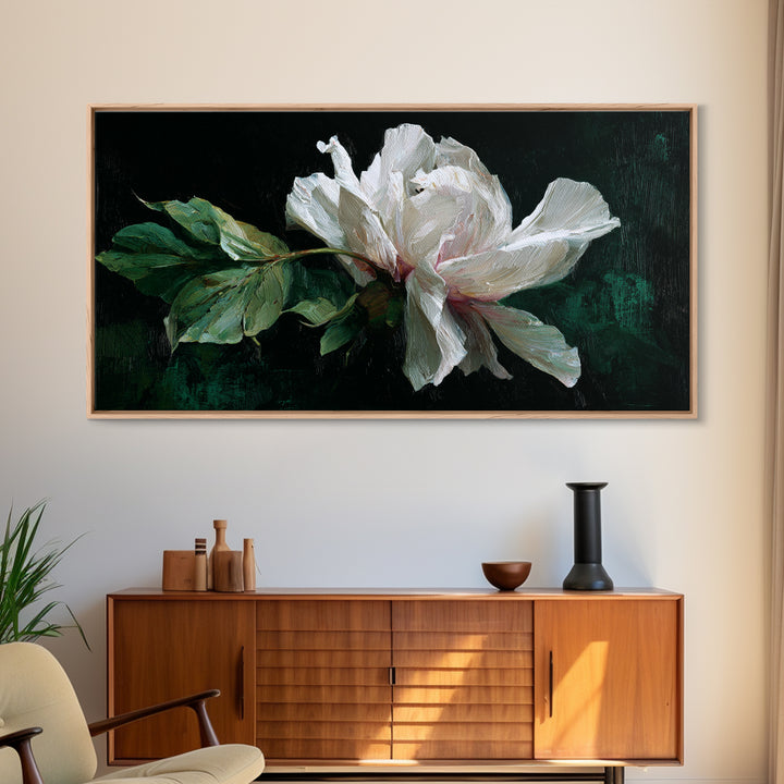 White Flower on Deep Black Background Canvas Print, Black and White Art, Wall Art, Living Room Decor, Watercolor Art, BAW-2x1-32