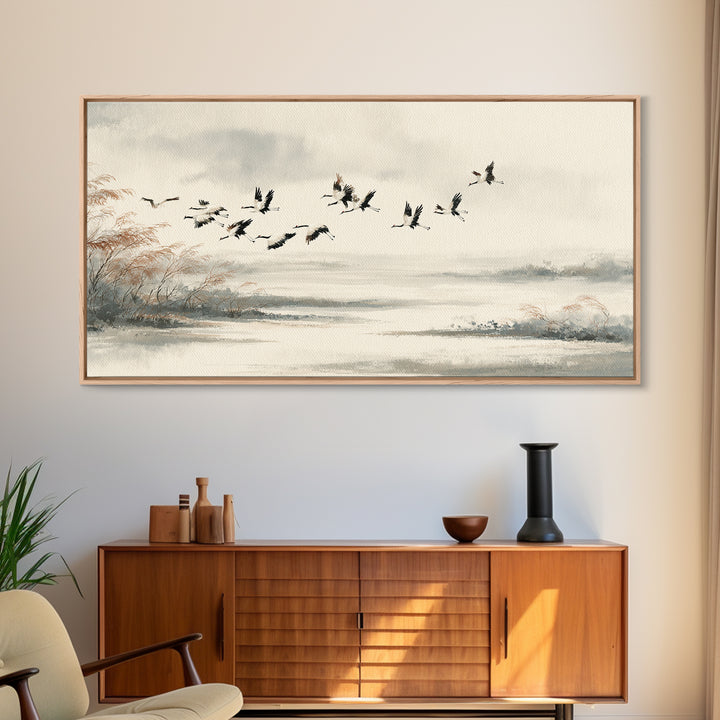 Black Ink Crane Flying Across Empty Sky Canvas Print, Black and White Art, Digital Prints, Living Room Decor, Monochrome, BAW-2x1-33