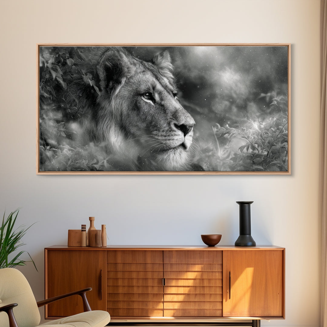 Dramatic Black and White Lion Portrait Canvas Print, Black and White Art, Halloween Decor, Living Room Decor, Monochrome, BAW-2x1-37