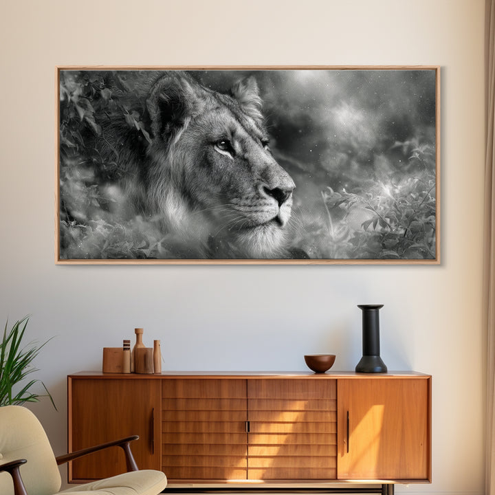 Dramatic Black and White Lion Portrait Canvas Print, Black and White Art, Halloween Decor, Living Room Decor, Monochrome, BAW-2x1-37