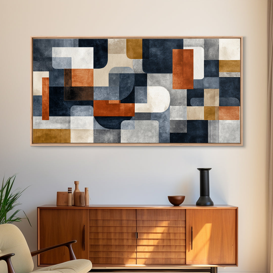 Geometric Bauhaus Grayscale Shapes Framed Canvas Print, Black and White Art, Luxury Decor, Living Room Decor, Abstract Art, BAW-2x1-38