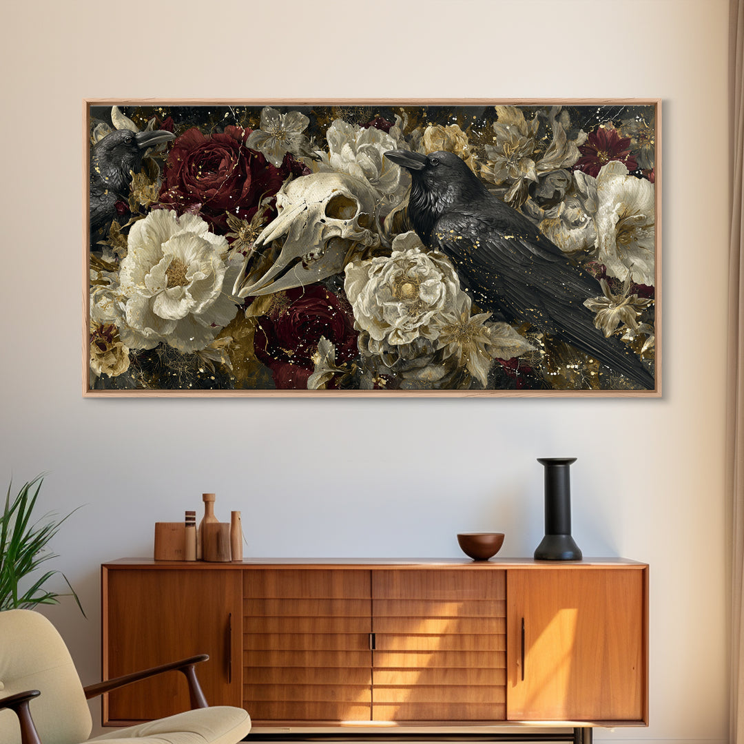 Ink Splatter Raven Composition Framed Canvas Print, Black and White Art, Art, Living Room Decor, Fine Art, Monochrome, BAW-2x1-40
