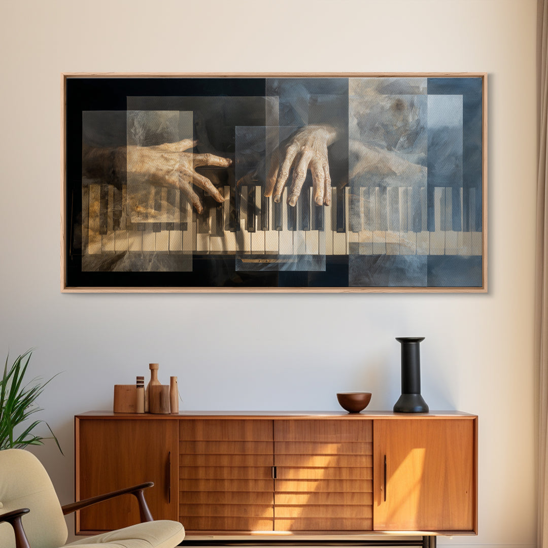 Piano Keys and Hands Framed Canvas Print, Black and White Art, Room Decor, Living Room Decor, Fine Art, Monochrome, Art Print, BAW-2x1-42