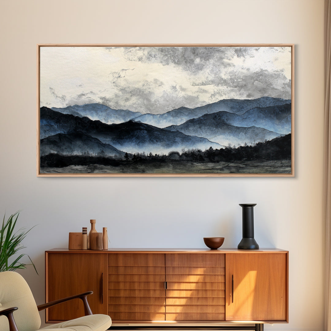 Black Ink Mountain Range Framed Canvas Print, Black and White Art, Art, Living Room Decor, Fine Art, Monochrome, Original Art, BAW-2x1-46