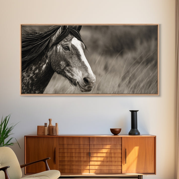Black and White Wild Horse Portrait Canvas Print, Black and White Art, Large Wall Art, Living Room Decor, Fine Art, Monochrome, BAW-2x1-49