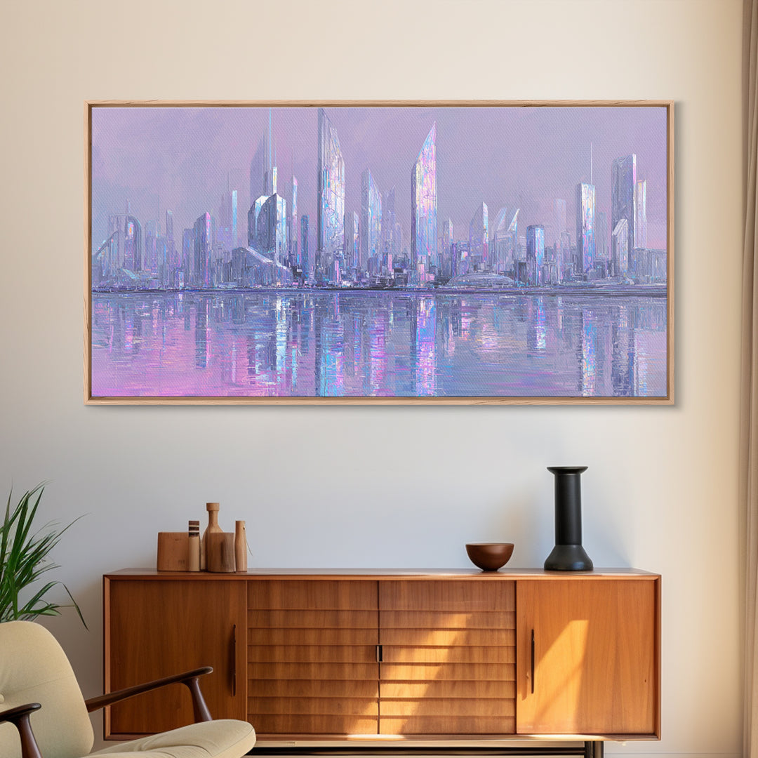 Monochrome City Skyline Reflected Framed Canvas Print, Black and White Art, Wood Wall Art, Living Room Decor, Monochrome, BAW-2x1-55