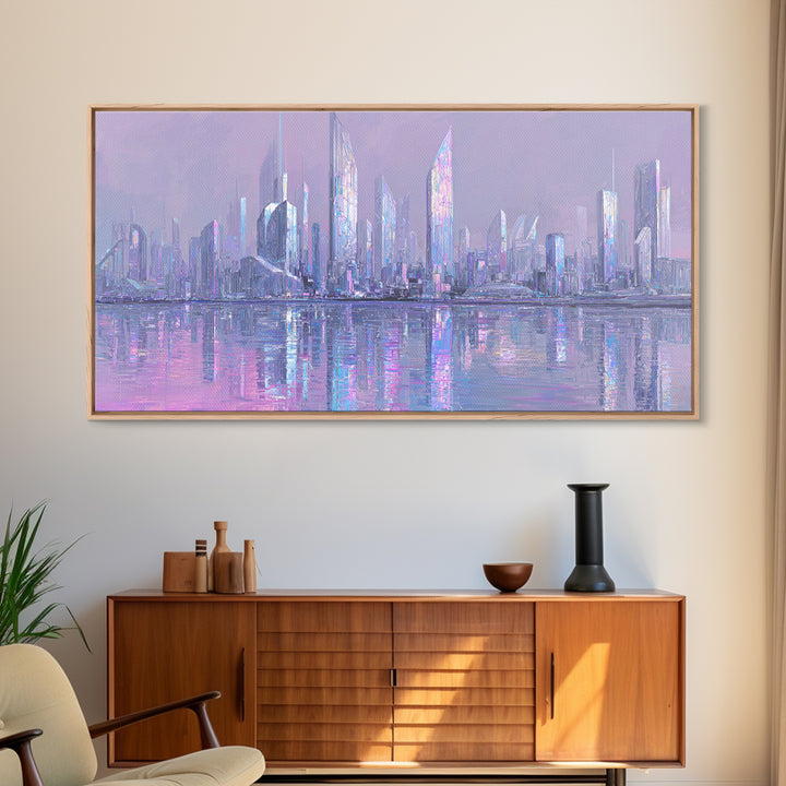 Monochrome City Skyline Reflected Framed Canvas Print, Black and White Art, Wood Wall Art, Living Room Decor, Monochrome, BAW-2x1-55