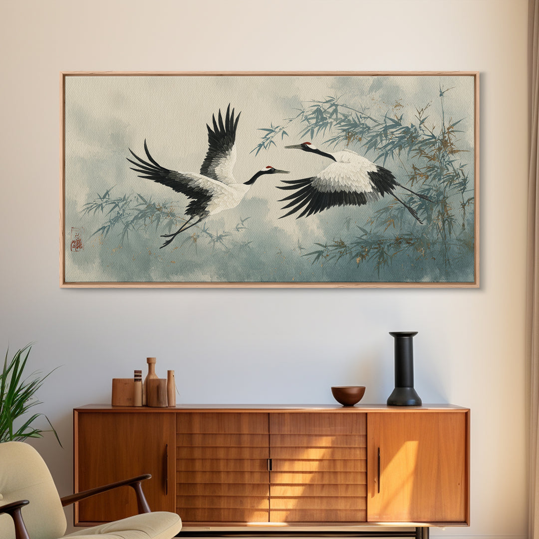 Black Ink Crane Flying Across Empty Sky Canvas Print, Black and White Art, Printable, Living Room Decor, Fine Art, Monochrome, BAW-2x1-57