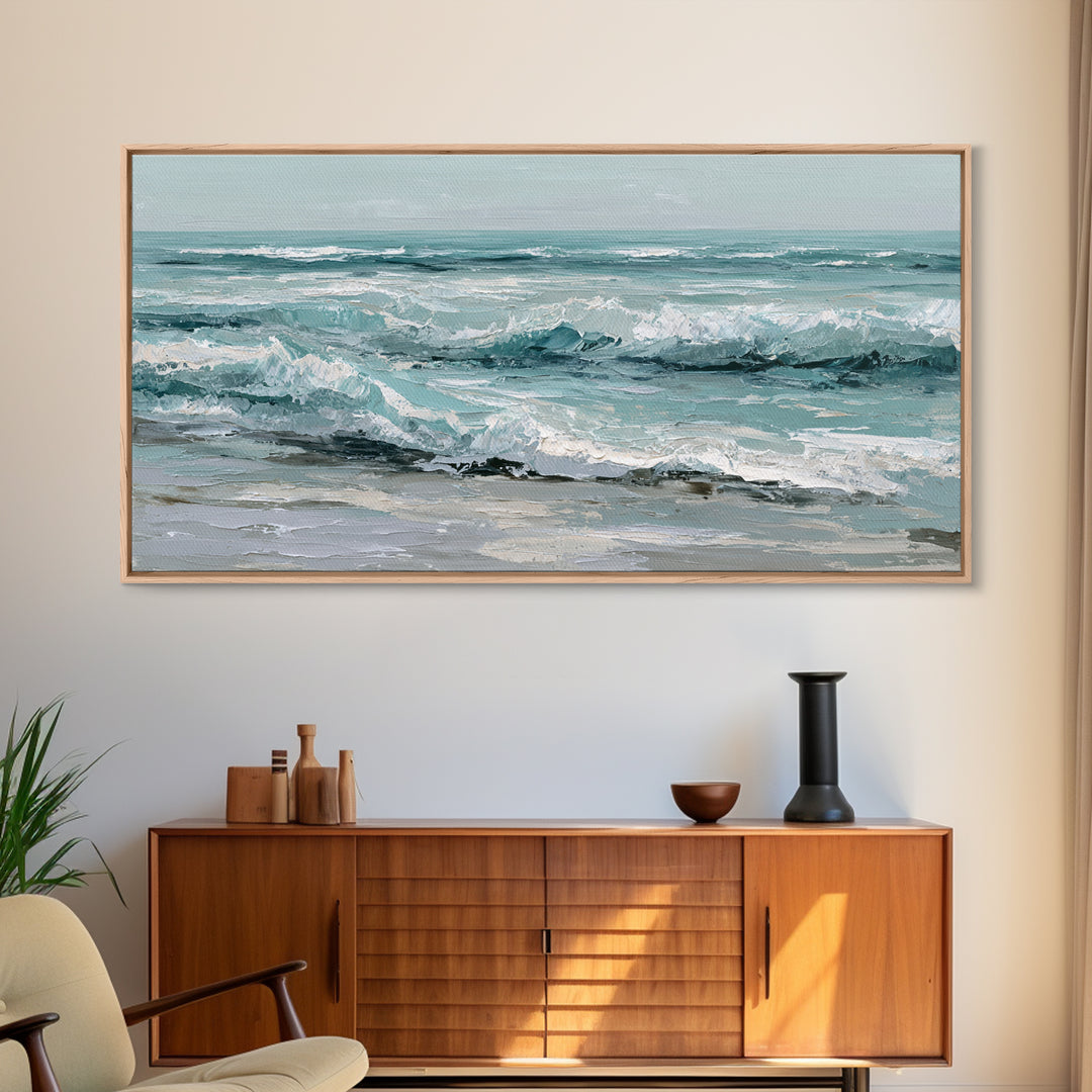 Stormy Ocean Wave Framed Canvas Print, Black and White Art, Minimalist Decor, Living Room Decor, Oil Painting, Monochrome, BAW-2x1-6
