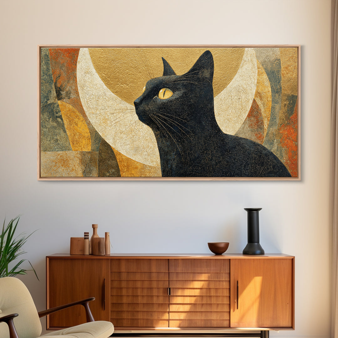Black Cat Silhouette Framed Canvas Print, Black and White Art, Art Prints, Living Room Decor, Oil Painting, Monochrome, BAW-2x1-60