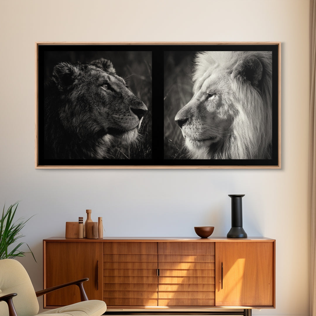 Dramatic Black and White Lion Portrait Canvas Print, Black and White Art, Printable Wall Art, Living Room Decor, Monochrome, BAW-2x1-61