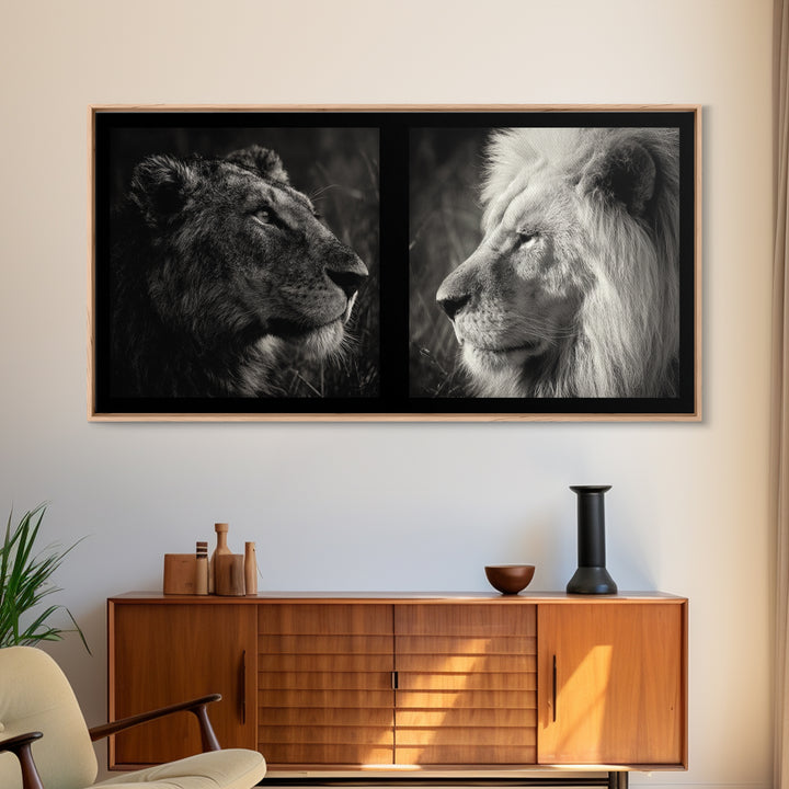 Dramatic Black and White Lion Portrait Canvas Print, Black and White Art, Printable Wall Art, Living Room Decor, Monochrome, BAW-2x1-61