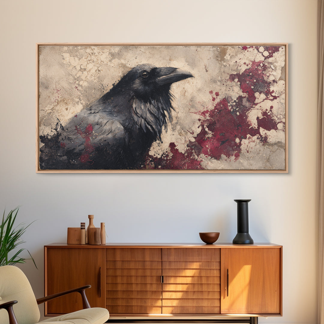 Ink Splatter Raven Composition Canvas Print, Black and White Art, Art Print, Living Room Decor, Fine Art, Monochrome, BAW-2x1-64