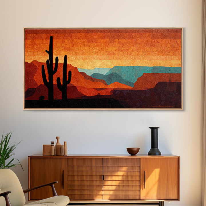 Monochrome Desert Cactus Silhouette Canvas Print, Black and White Art, Mid Century Modern, Living Room Decor, Monochrome, BAW-2x1-65