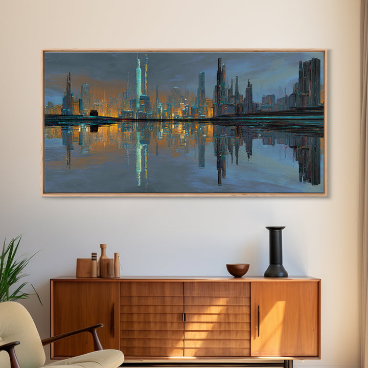 Monochrome City Skyline Reflected Framed Canvas Print, Black and White Art, Halloween Decor, Living Room Decor, Abstract Art, BAW-2x1-7