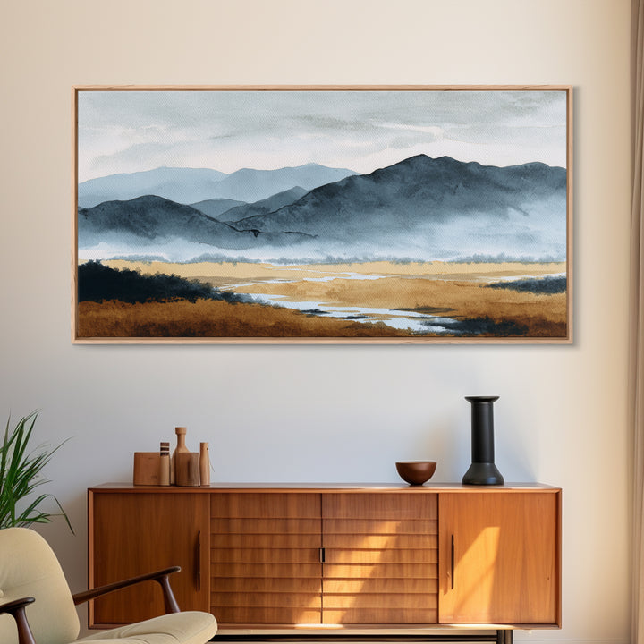 Black Ink Mountain Range Canvas Print, Black and White Art, Living Room Decor, Oil Painting, Monochrome, Abstract Wall Art, BAW-2x1-70