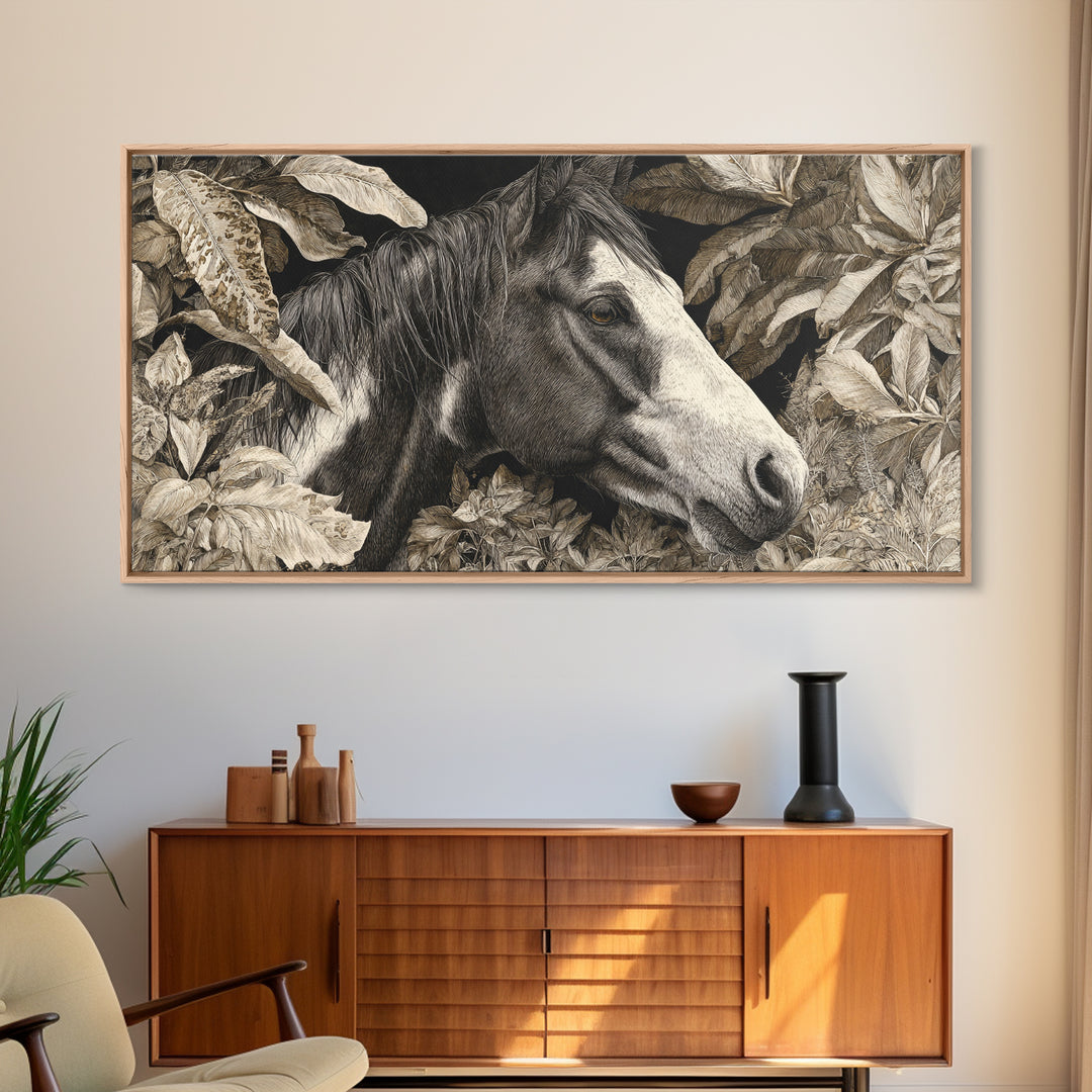 Black and White Wild Horse Portrait Canvas Print, Black and White Art, Large Wall Art, Living Room Decor, Fine Art, Monochrome, BAW-2x1-73