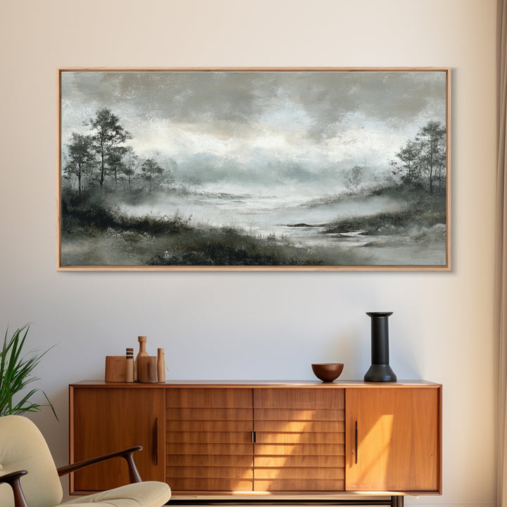 Moody Foggy Forest Framed Canvas Print, Black and White Art, Room Decor, Living Room Decor, Fine Art, Monochrome, Art Print, BAW-2x1-75