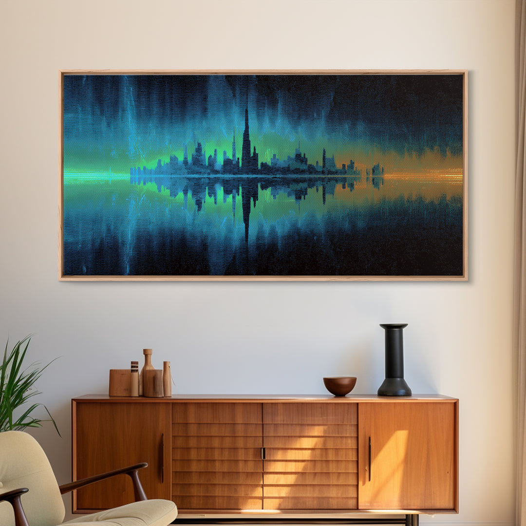 Monochrome City Skyline Reflected Framed Canvas Print, Black and White Art, Cabin Decor, Living Room Decor, Abstract Art, BAW-2x1-79