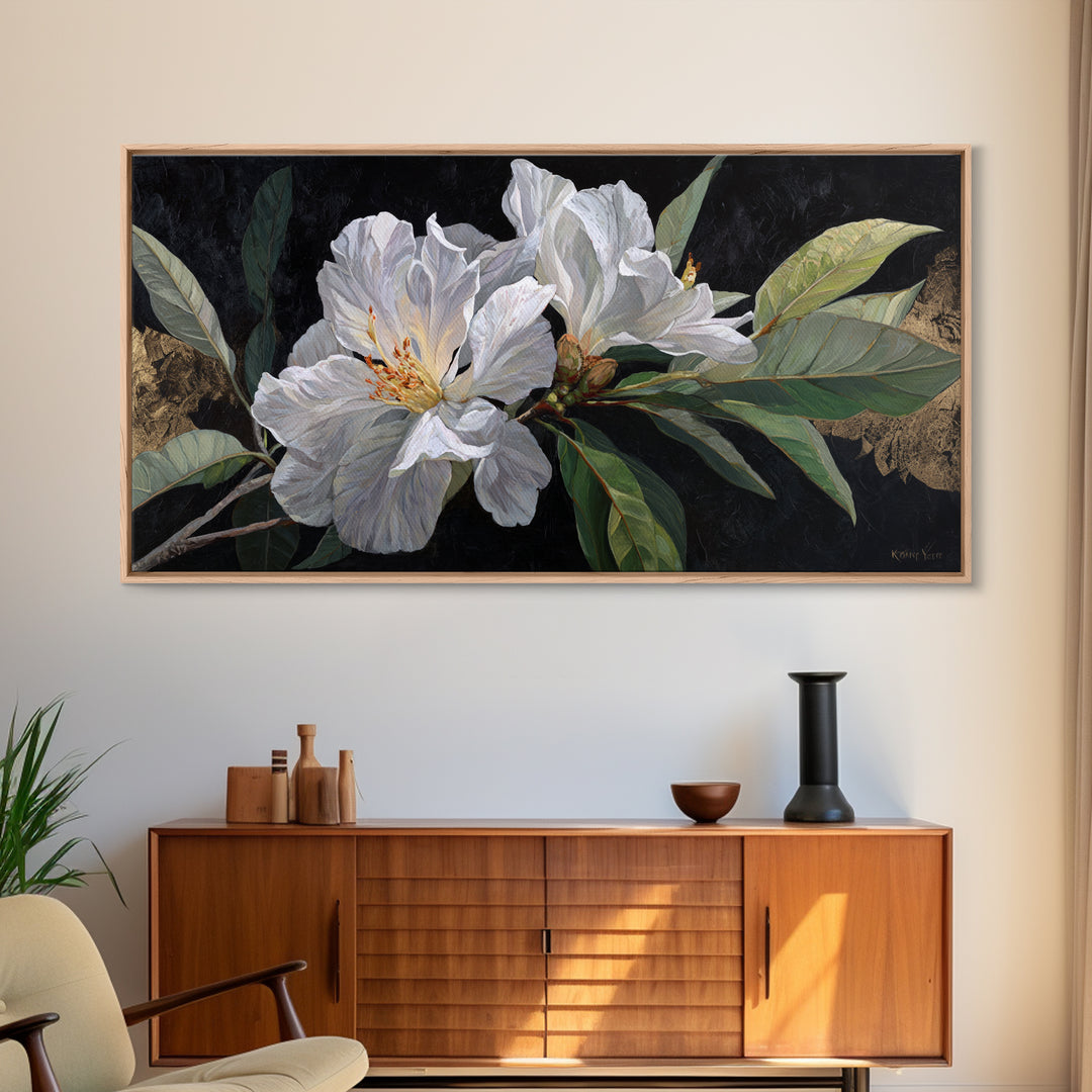 White Flower on Deep Black Background Canvas Print, Black and White Art, Luxury Decor, Living Room Decor, Monochrome, BAW-2x1-8