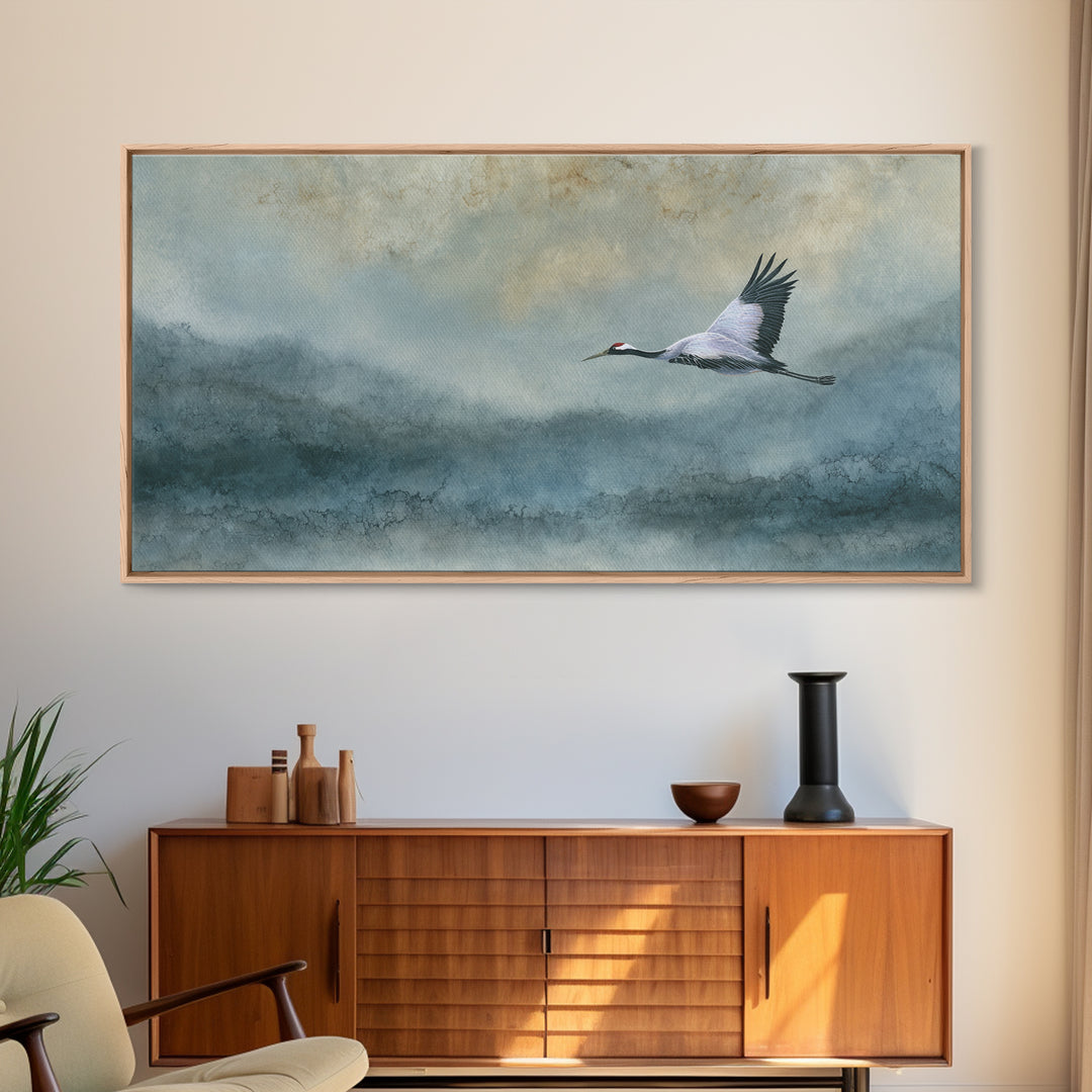 Black Ink Crane Flying Across Empty Sky Canvas Print, Black and White Art, Abstract Art, Living Room Decor, Monochrome, BAW-2x1-81