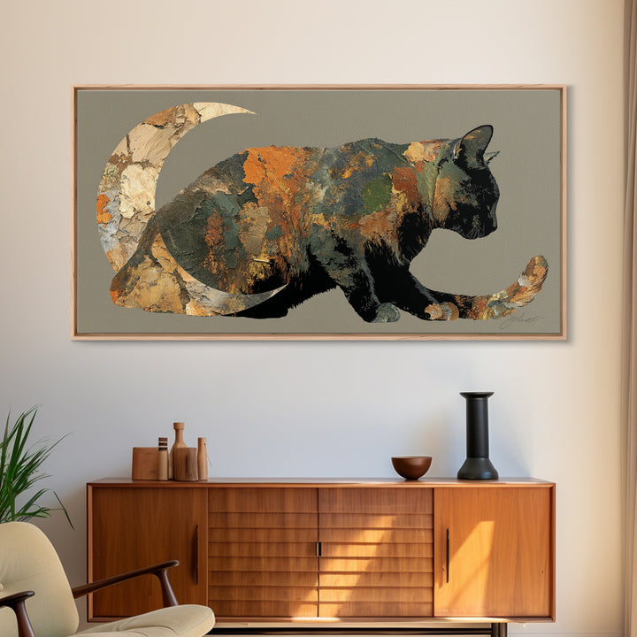 Black Cat Silhouette Framed Canvas Print, Black and White Art, Printable Art, Living Room Decor, Fine Art, Monochrome, BAW-2x1-84