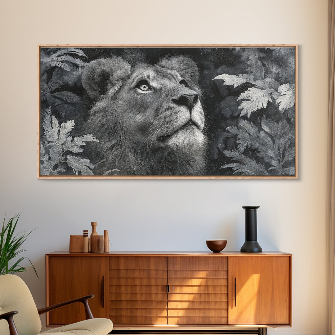 Dramatic Black and White Lion Portrait Framed Canvas Print, Black and White Art, Wood Wall Art, Living Room Decor, Monochrome, BAW-2x1-85