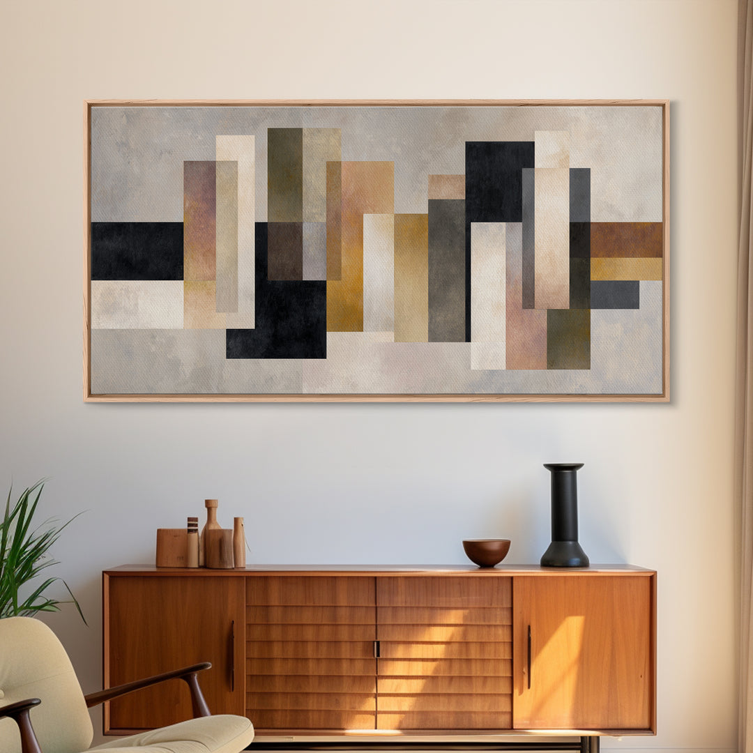 Geometric Bauhaus Grayscale Shapes Framed Canvas Print, Black and White Art, Print, Living Room Decor, Abstract Art, Monochrome, BAW-2x1-86