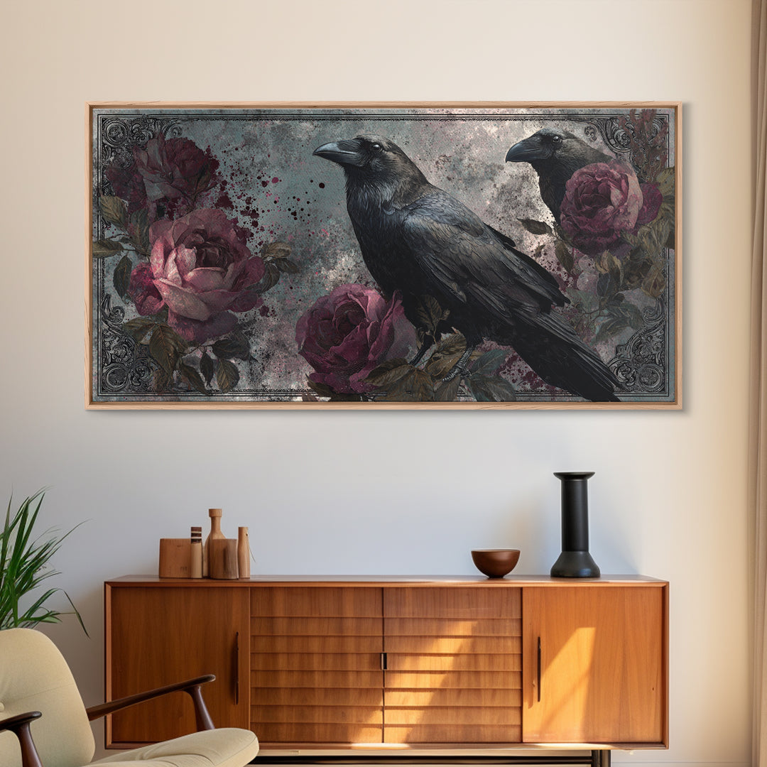 Ink Splatter Raven Composition Framed Canvas Print, Black and White Art, Large Wall Art, Living Room Decor, Monochrome, BAW-2x1-88