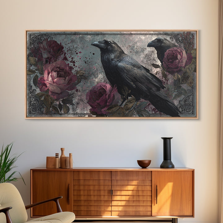 Ink Splatter Raven Composition Framed Canvas Print, Black and White Art, Large Wall Art, Living Room Decor, Monochrome, BAW-2x1-88