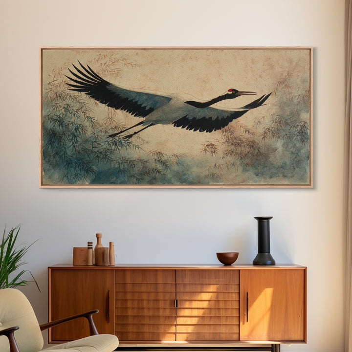 Black Ink Crane Flying Across Empty Sky Canvas Print, Black and White Art, Digital Prints, Living Room Decor, Monochrome, BAW-2x1-9