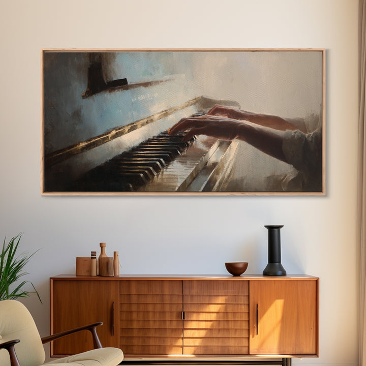 Piano Keys and Hands Framed Canvas Print, Black and White Art, Art Prints, Living Room Decor, Oil Painting, Monochrome, BAW-2x1-90