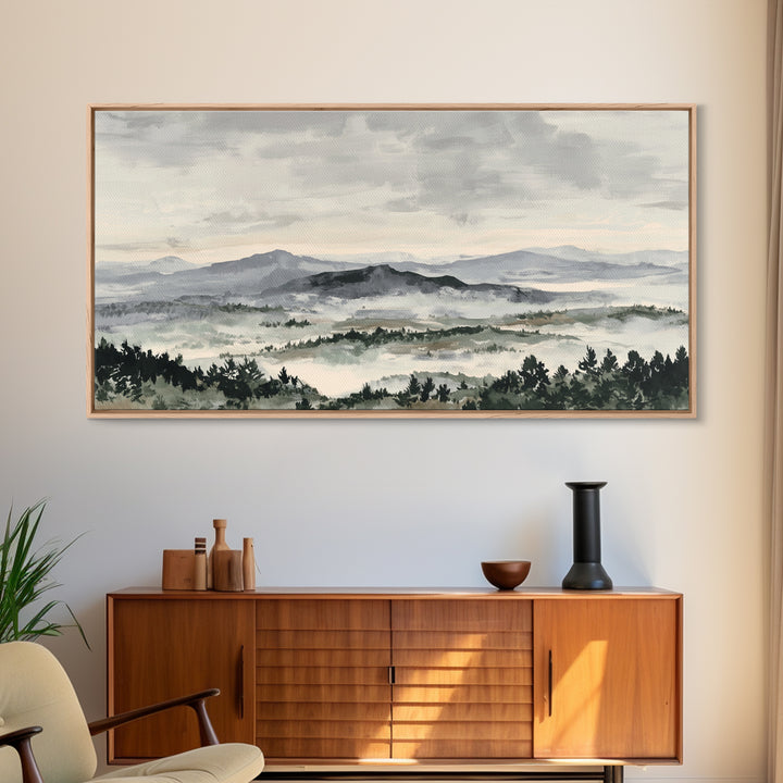 Black Ink Mountain Range Canvas Print, Black and White Art, Living Room Decor, Oil Painting, Monochrome, Abstract Wall Art, BAW-2x1-94