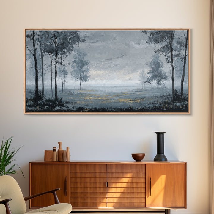 Moody Foggy Forest Framed Canvas Print, Black and White Art, Printable Art, Living Room Decor, Monochrome, Gallery Decor, BAW-2x1-99