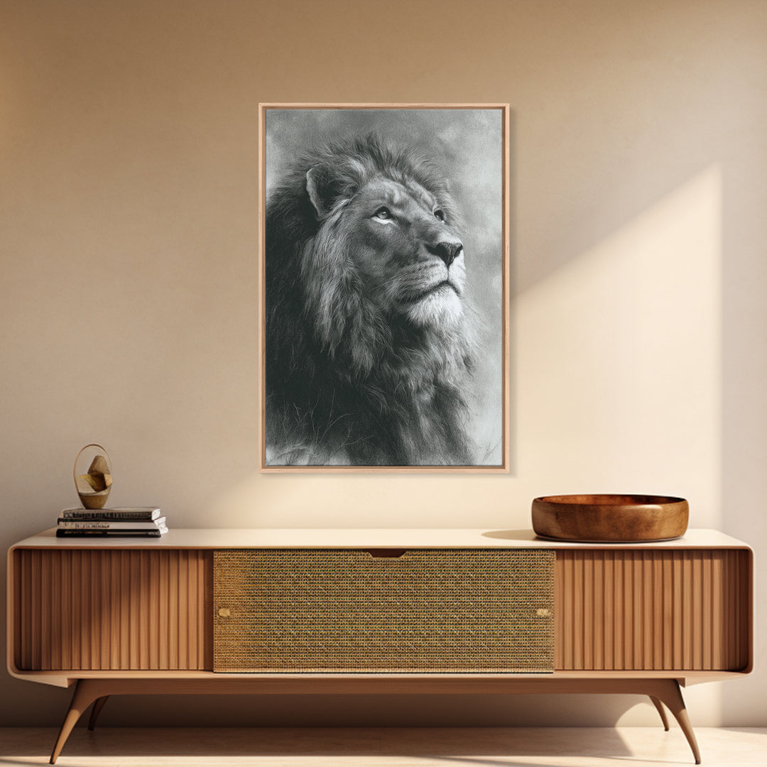 Dramatic Black and White Lion Portrait Framed Canvas Print, Black and White Art, Art Print, Living Room Decor, Monochrome, BAW-2x3-1