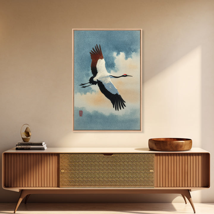 Black Ink Crane Flying Across Empty Sky Canvas Print, Black and White Art, Art Prints, Living Room Decor, Monochrome, BAW-2x3-21