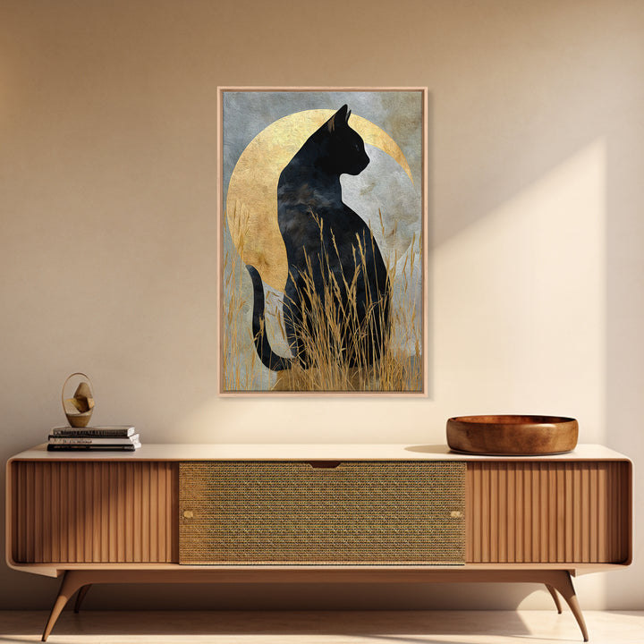 Black Cat Silhouette Framed Canvas Print, Black and White Art, Modern Decor, Living Room Decor, Fine Art, Monochrome, BAW-2x3-24