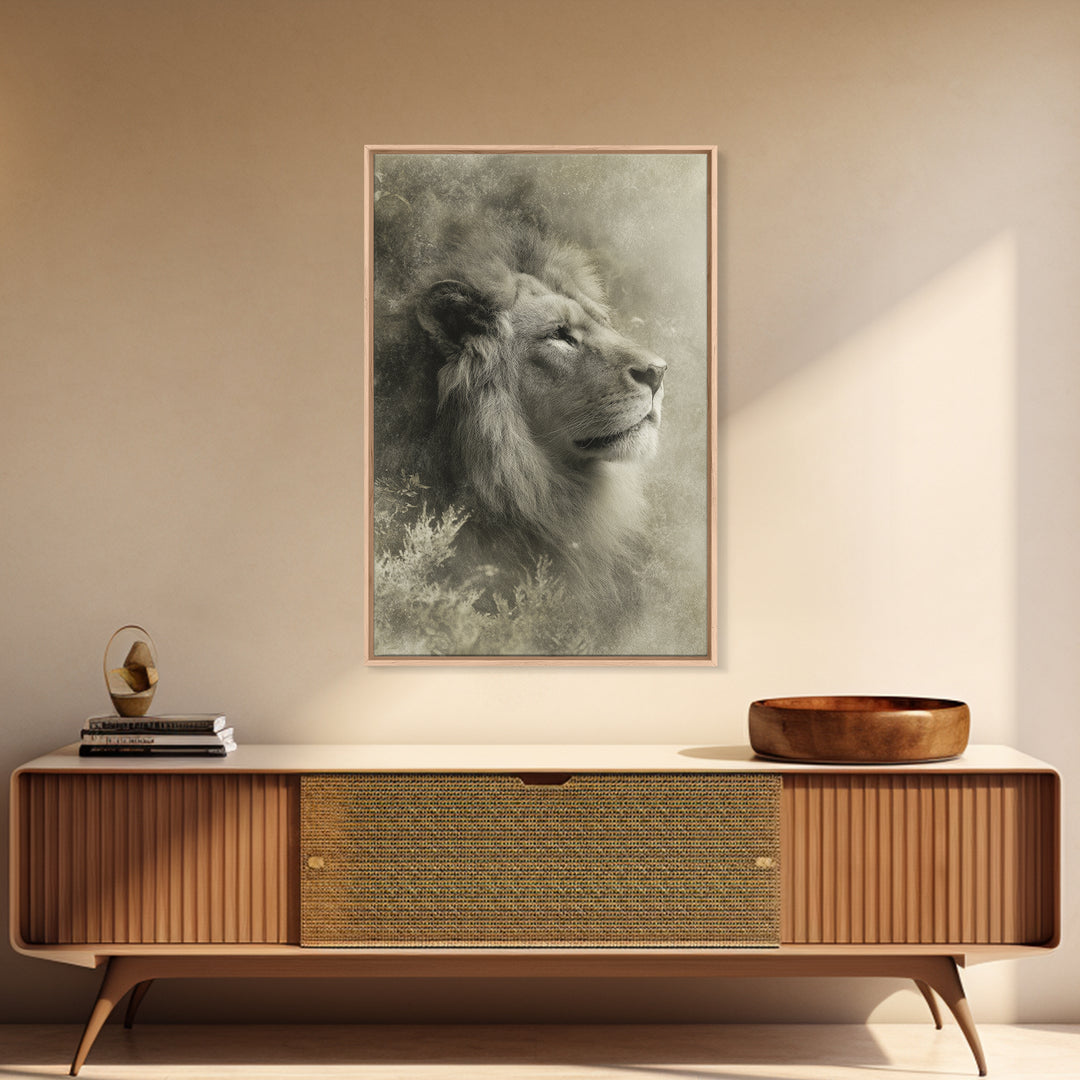 Dramatic Black and White Lion Portrait Framed Canvas Print, Black and White Art, Art Print, Living Room Decor, Monochrome, BAW-2x3-25