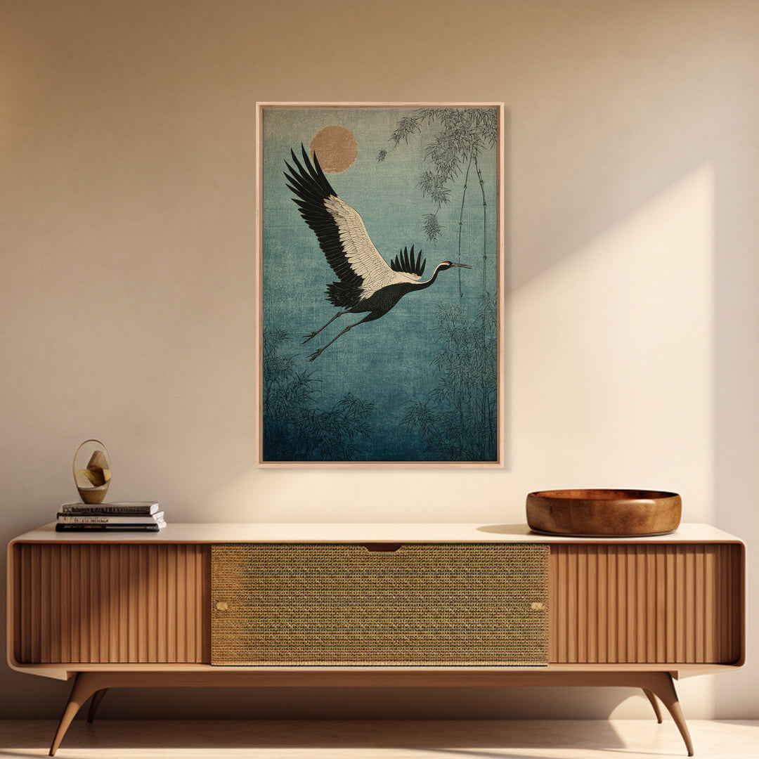 Black Ink Crane Flying Across Empty Sky Canvas Print, Black and White Art, Gothic Decor, Living Room Decor, Monochrome, BAW-2x3-45