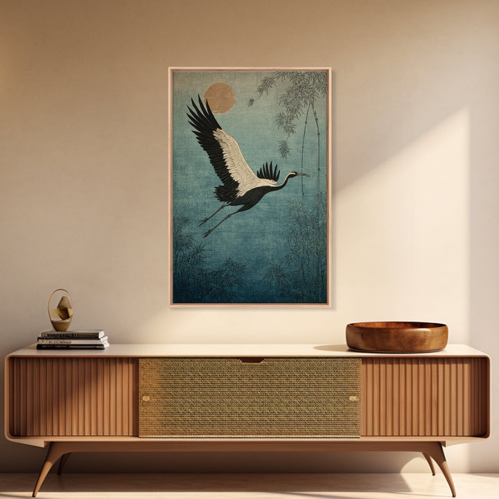 Black Ink Crane Flying Across Empty Sky Canvas Print, Black and White Art, Gothic Decor, Living Room Decor, Monochrome, BAW-2x3-45
