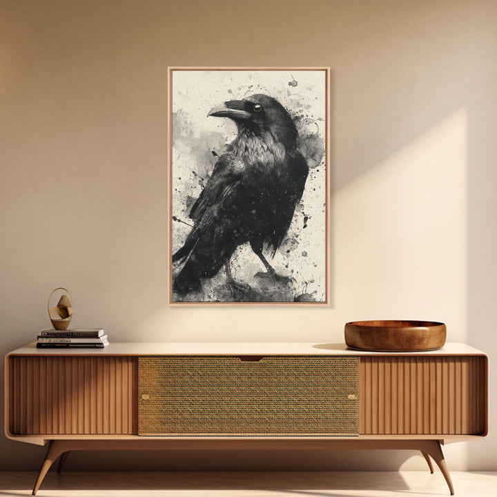 Ink Splatter Raven Composition Framed Canvas Print, Black and White Art, Art, Living Room Decor, Fine Art, Monochrome, BAW-2x3-52