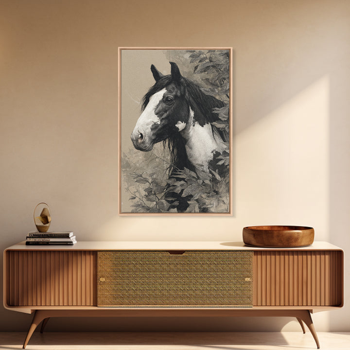 Black and White Wild Horse Portrait Canvas Print, Black and White Art, Wood Wall Art, Living Room Decor, Fine Art, Monochrome, BAW-2x3-61